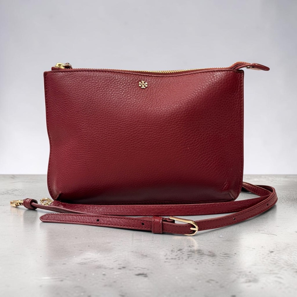 Tory Burch Thea Flat Crossbody Bag Burgundy Pebbled Leather Gold Hardware